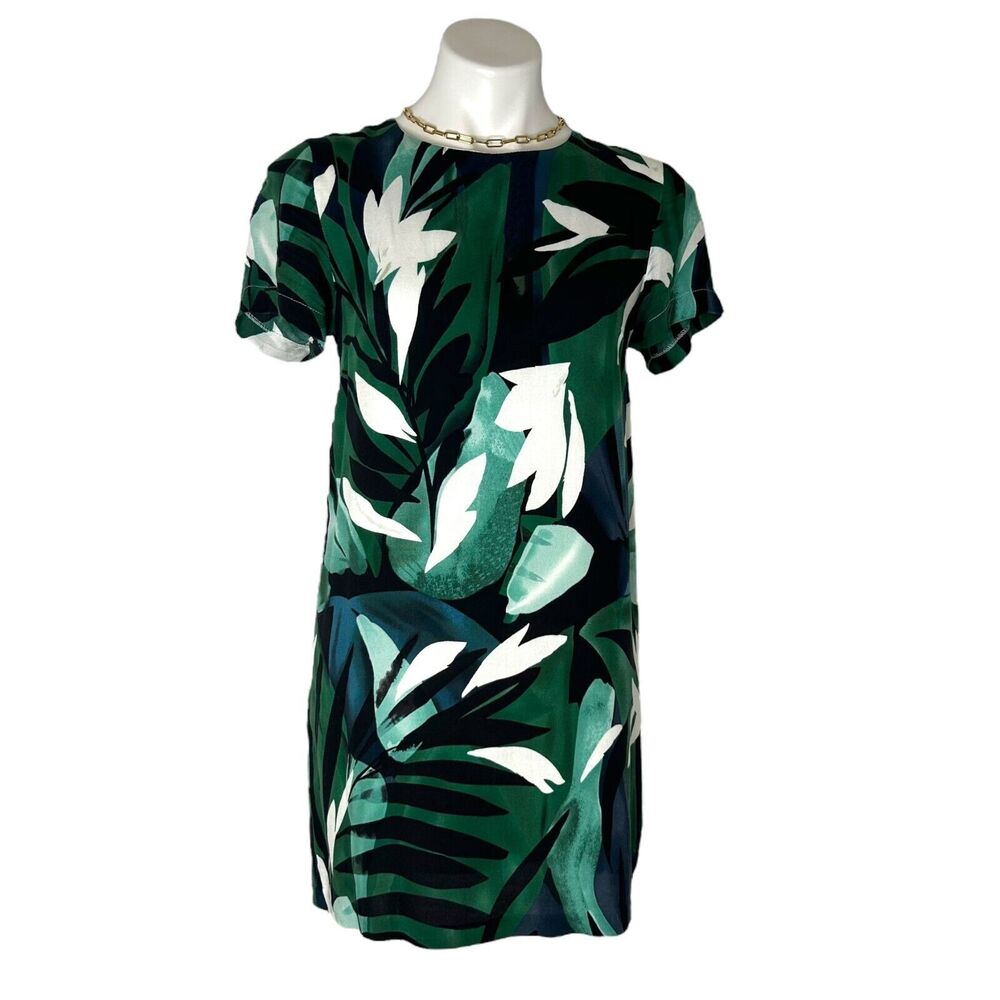 OLIVACEOUS Large‎ Floral Print Green Back Zip Casual Shift Dress Size S Tropical